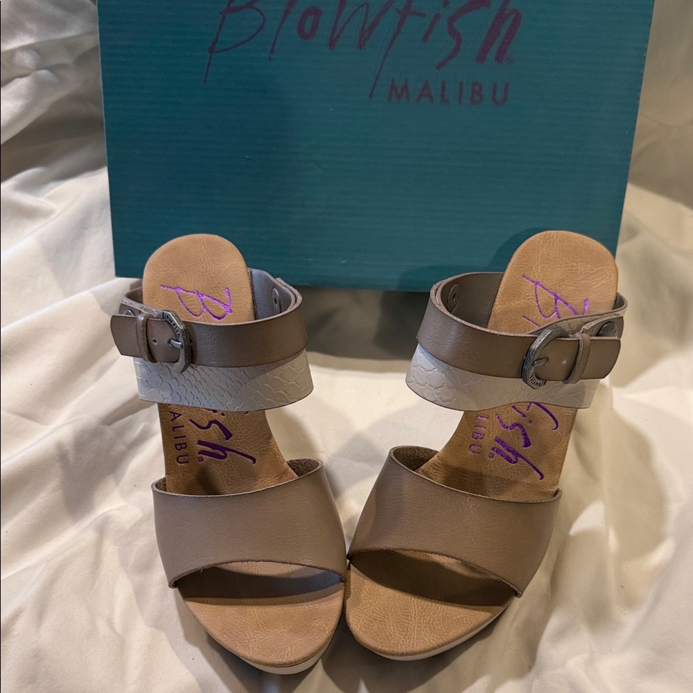 Blowfish Taupe Two-Strap Buckle Slide Heels